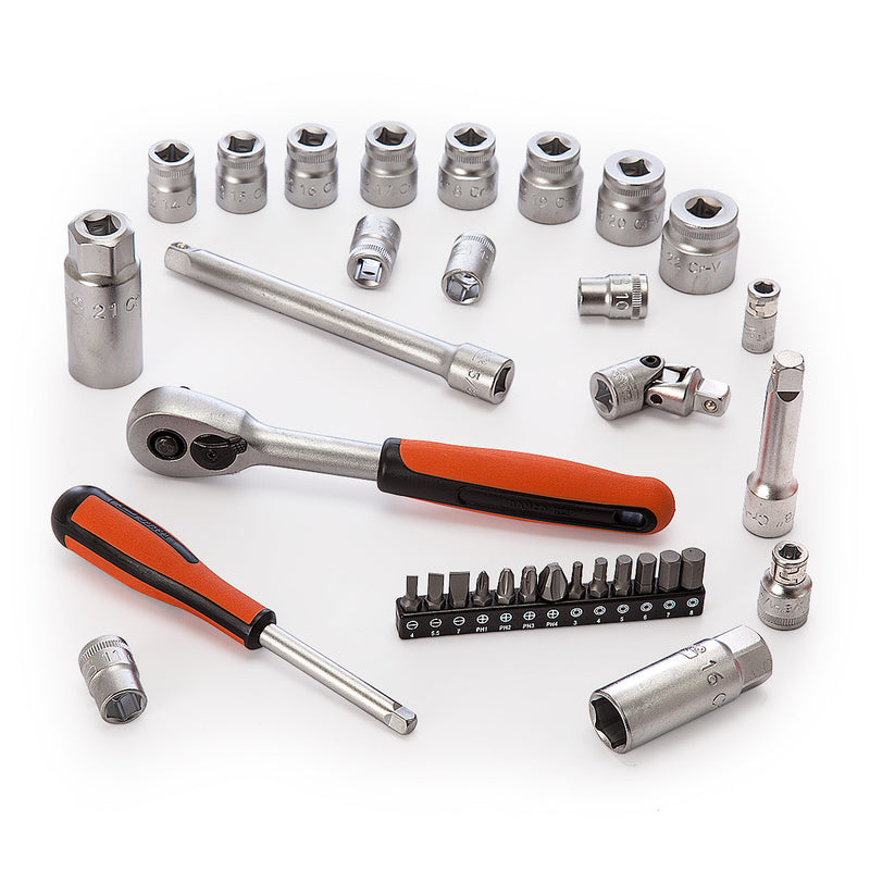 Bahco S330 34-Piece Socket Set – Metric Hex + Ratchet, 1/4″ & 3/8″ Drive