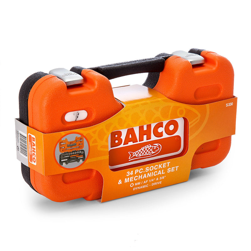 Bahco S330 34-Piece Socket Set – Metric Hex + Ratchet, 1/4″ & 3/8″ Drive