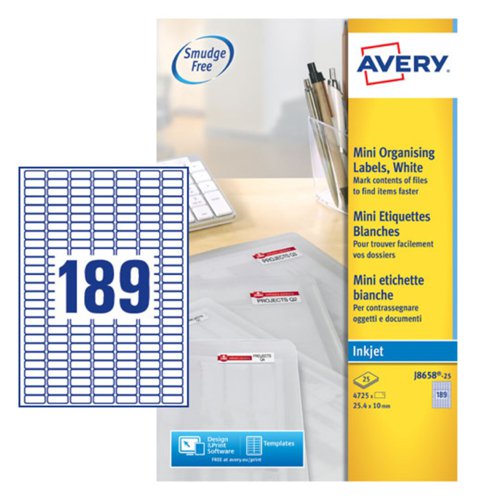Avery Inkjet Mini Label 25×10 mm – 189 per A4 Sheet – Pack of 4725 Labels - J8658-25