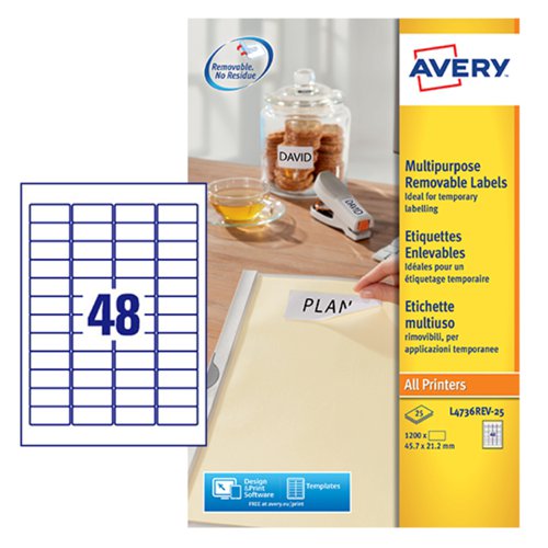 Avery Multipurpose Mini Removable Label 45.7×21.2 mm – 48 per A4 Sheet – Pack of 1200 Labels - L4736REV-25
