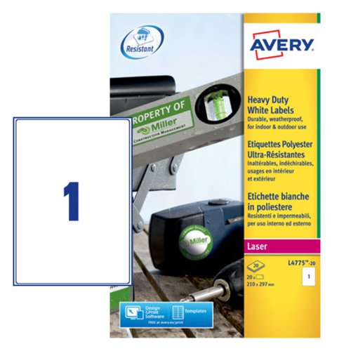 Avery Laser Heavy Duty Label 210 x 297mm - 1 per A4 Sheet - White - Pack of 20 Labels - L4775-20