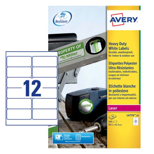 Avery Laser Heavy Duty Label 99.1 x 42.3mm - 12 per A4 Sheet - Silver - Pack of 240 Labels - L4776-20