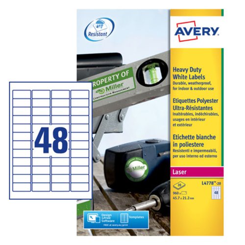 Avery Laser Heavy Duty Label 45.7 x 21.2mm - 48 per A4 Sheet - White - Pack of 960 Labels - L4778-20