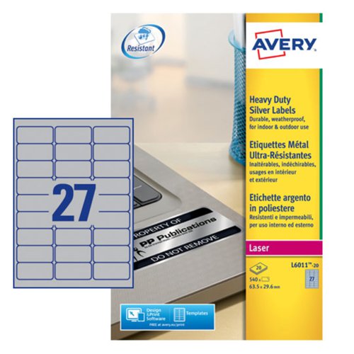 Avery Laser Heavy Duty Label 63.5 x 29.6mm - 27 per A4 Sheet - Silver - Pack of 540 Labels - L6011-20