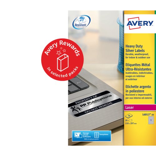 Avery Laser Heavy Duty Label 210 x 297mm - 1 per A4 Sheet - Silver - Pack of 20 Labels - L6013-20
