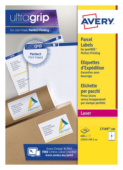 Avery Laser Parcel Label 139x99mm 4 Per A4 Sheet White (Pack 400 Labels) L7169-100