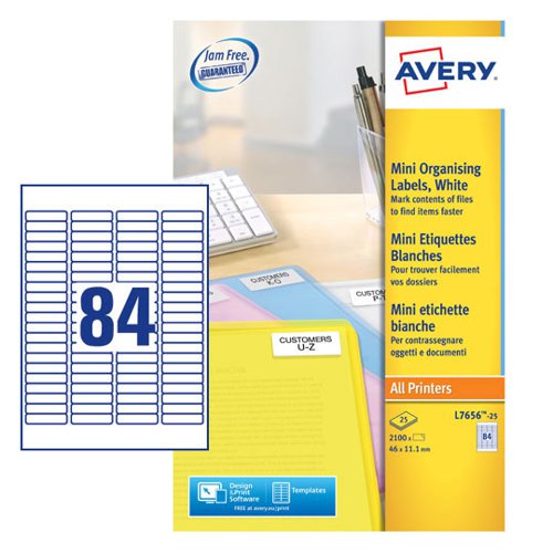 Avery Multipurpose Mini Label 46×11 mm – 84 per A4 Sheet – Pack of 2100 Labels - L7656-25