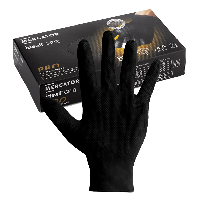 Ideall® Grip Black Heavy-Duty Nitrile Gloves – Box of 50