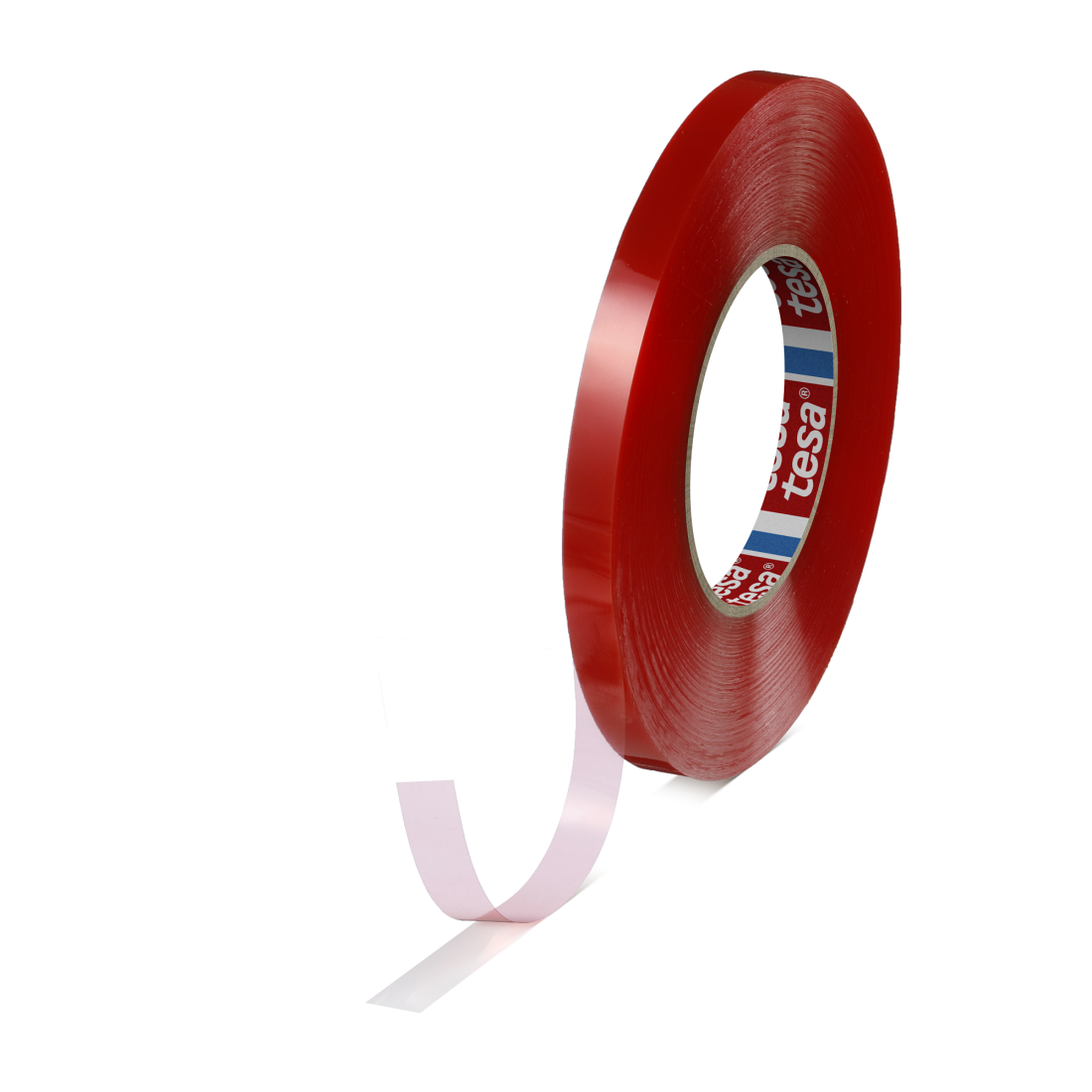 Red tape roll with a visible brand logo on a white background